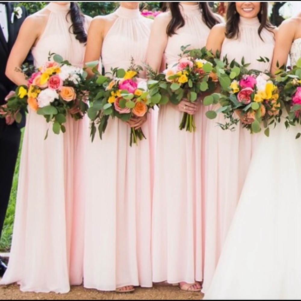 Bill Levkoff blush bridesmaid dress